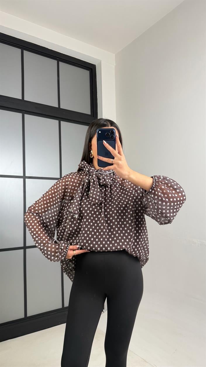 Kahve Puantiyeli Şall Detaylı Şifon Gömlek GAUS-01108