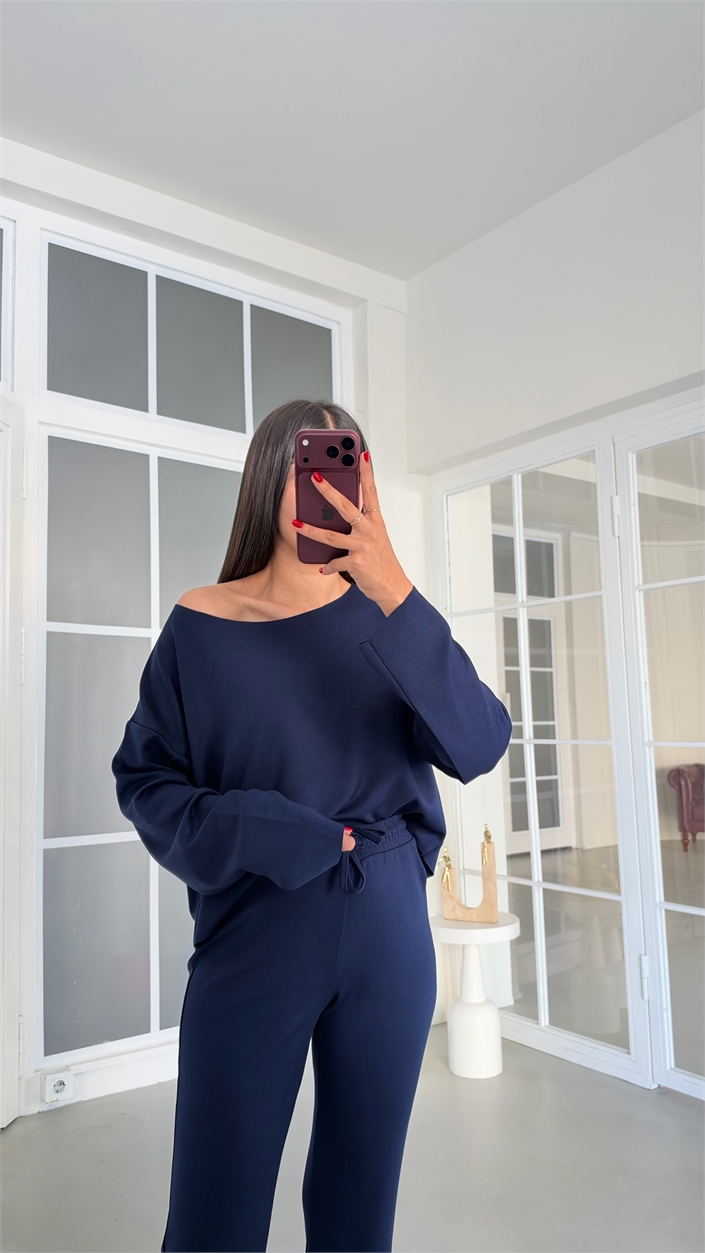 Lacivert Kayık Yaka Bluz Beli Lastikli Pantolon İkili Modal Takım GAUS-02168