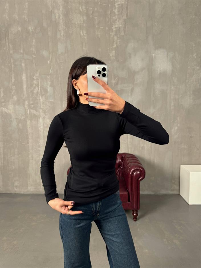 Javed Siyah Yarım Balıkçı Yaka Oys Bluz