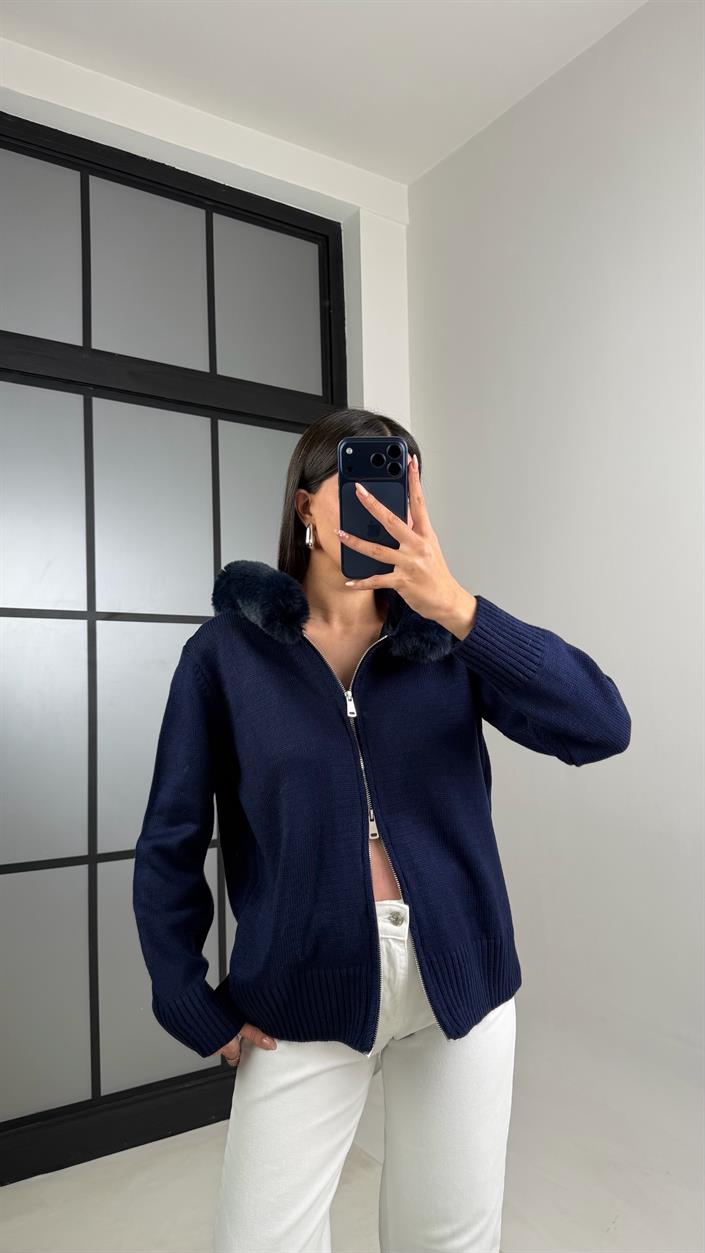 Lacivert Kürk Detaylı Kapüşonlu Triko Hırka GAUS-00883