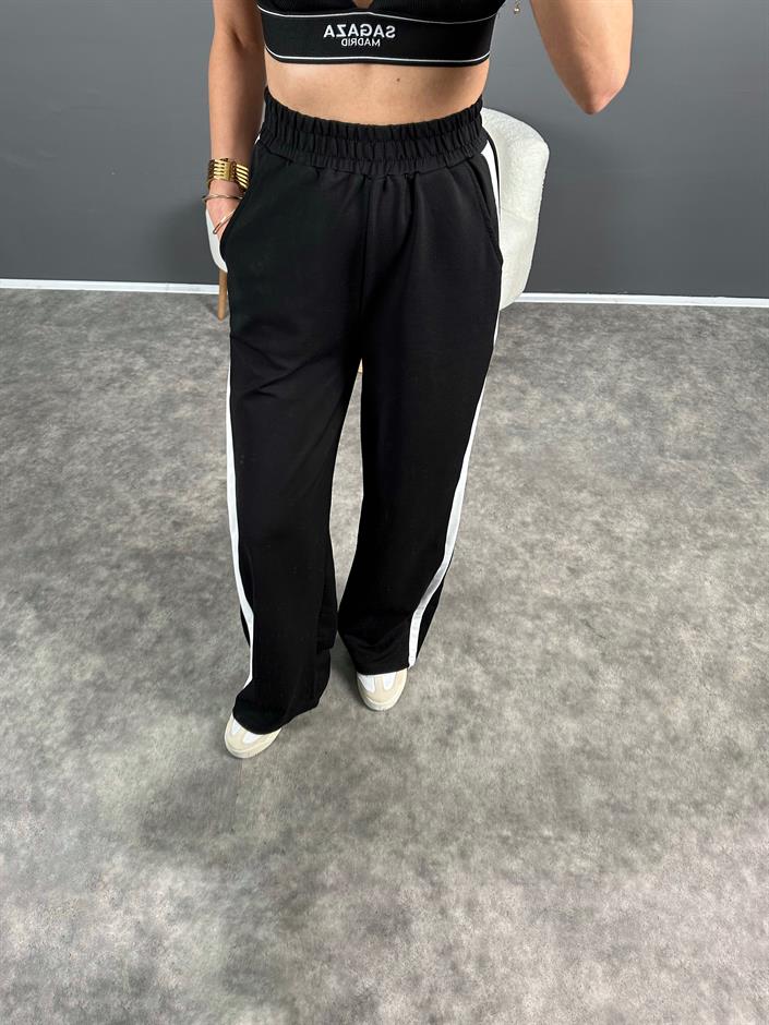 Siyah İki İplik Çelik  Şeritli Beli Lastikli Pantolon 