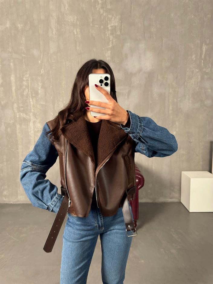 Lordy Kahve Kol Denim Detaylı İçi Kürklü Kemerli Biker Mont