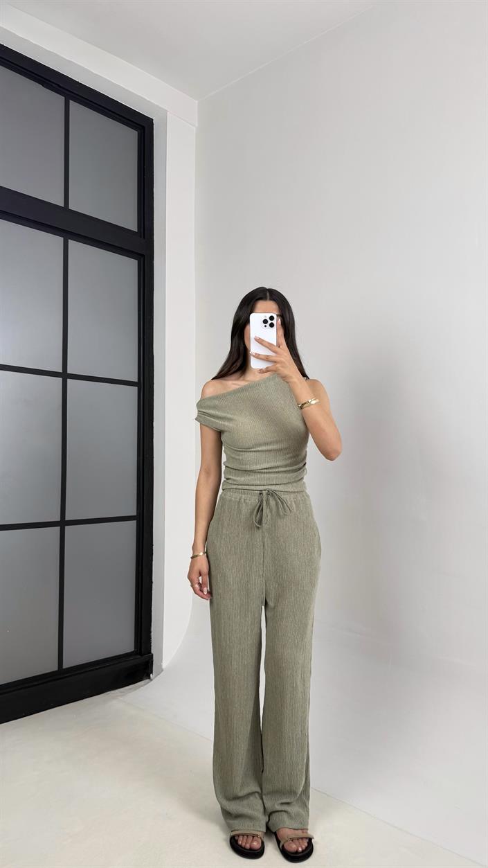 Yeşil Bluz Beli Lastikli Pantolon Bürümcük Takım Gaus00532