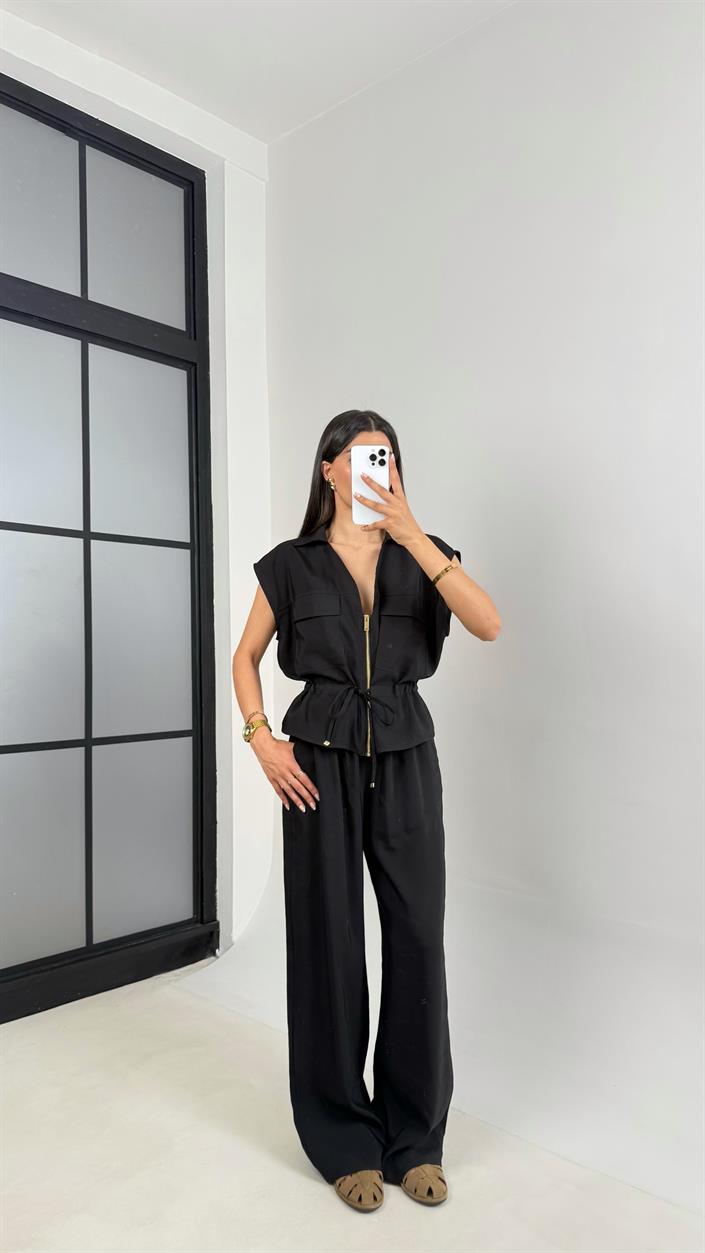 Siyah Cepli Bağlamalı Yelek Beli Lastikli Pantolon İkili Tencel Takım Gaus00546