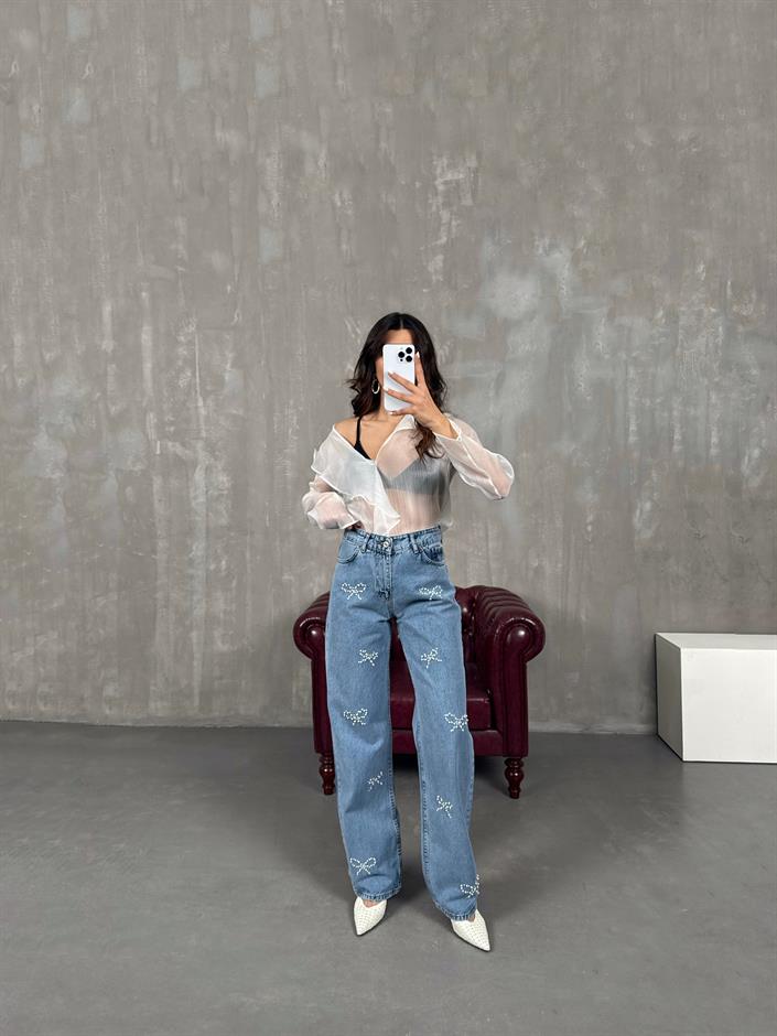 Ezy Mavi İnci Fiyonk Detaylı Jean 