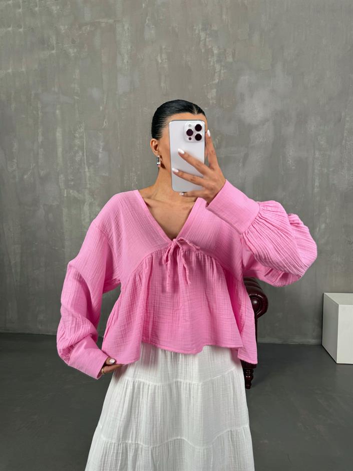 Runo Pembe V Yaka Müslin Gömlek