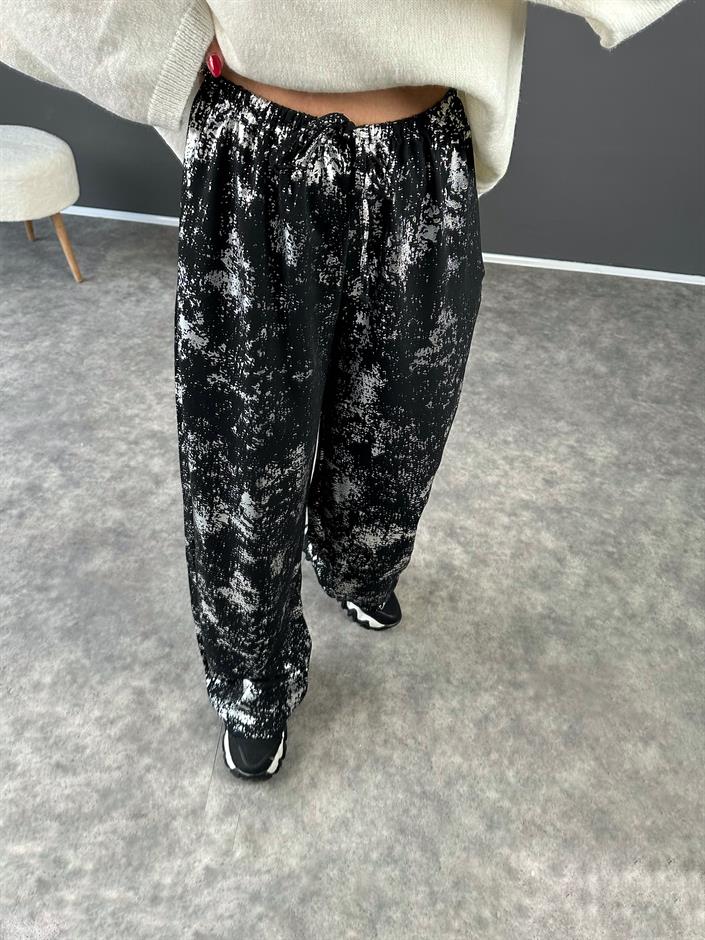 Siyah Varak Baskılı İp Bağlamalı Pantolon 