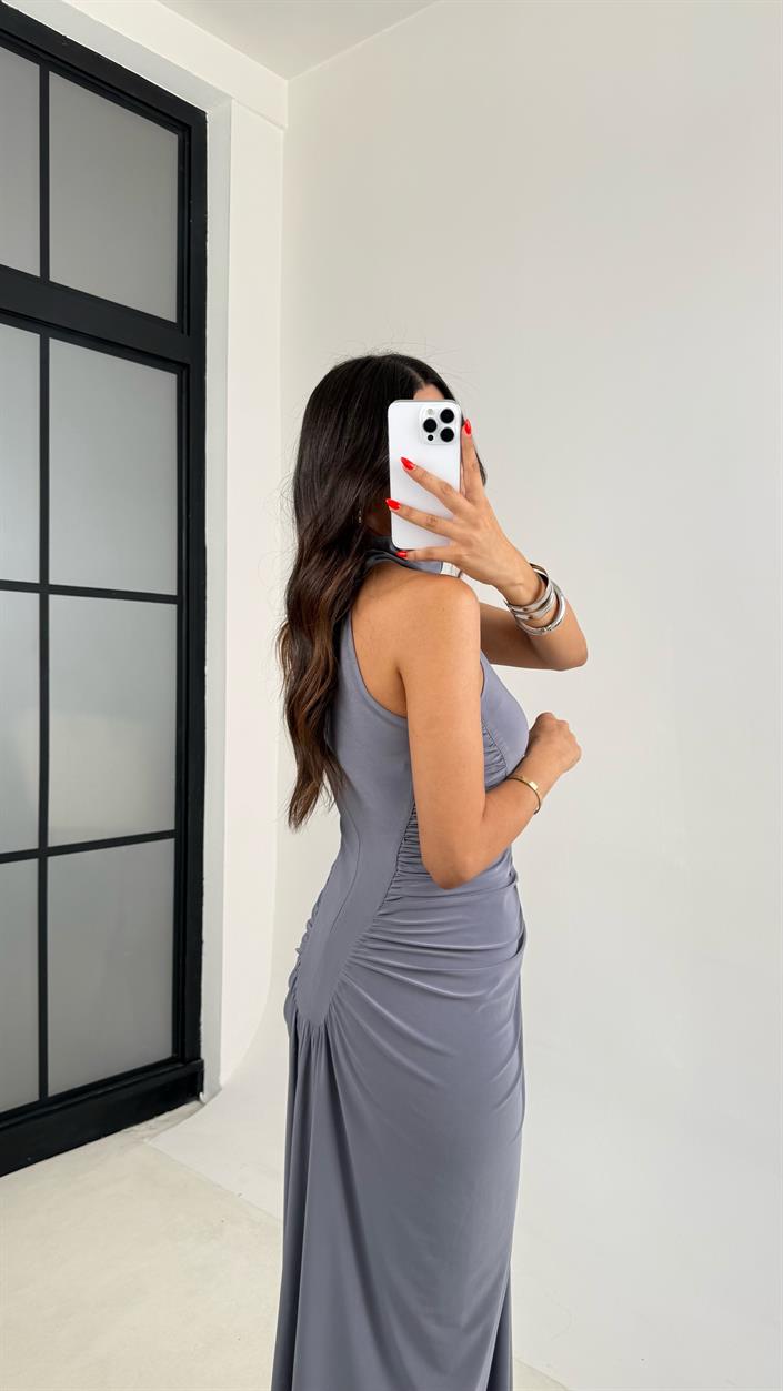 Gri Muadil Düğme Detaylı Halter Yaka Tasarım Elbise GAUS-0070