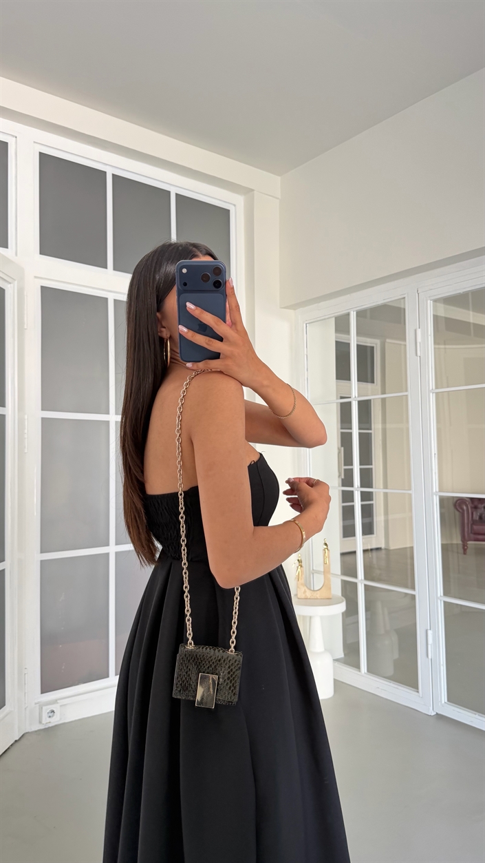 Siyah Straplez Beli Lastikli Elbise GAUS-01746