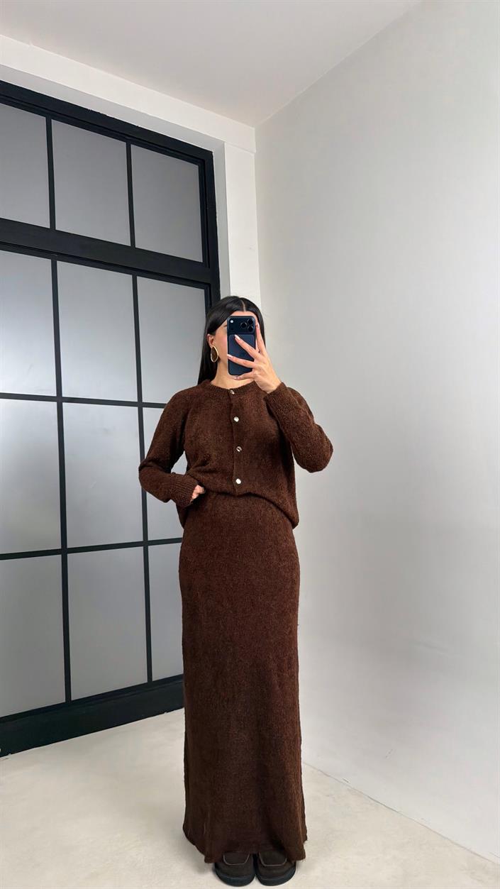 Kahve Hırka Beli Lastikli Etek Triko takım GAUS-00853