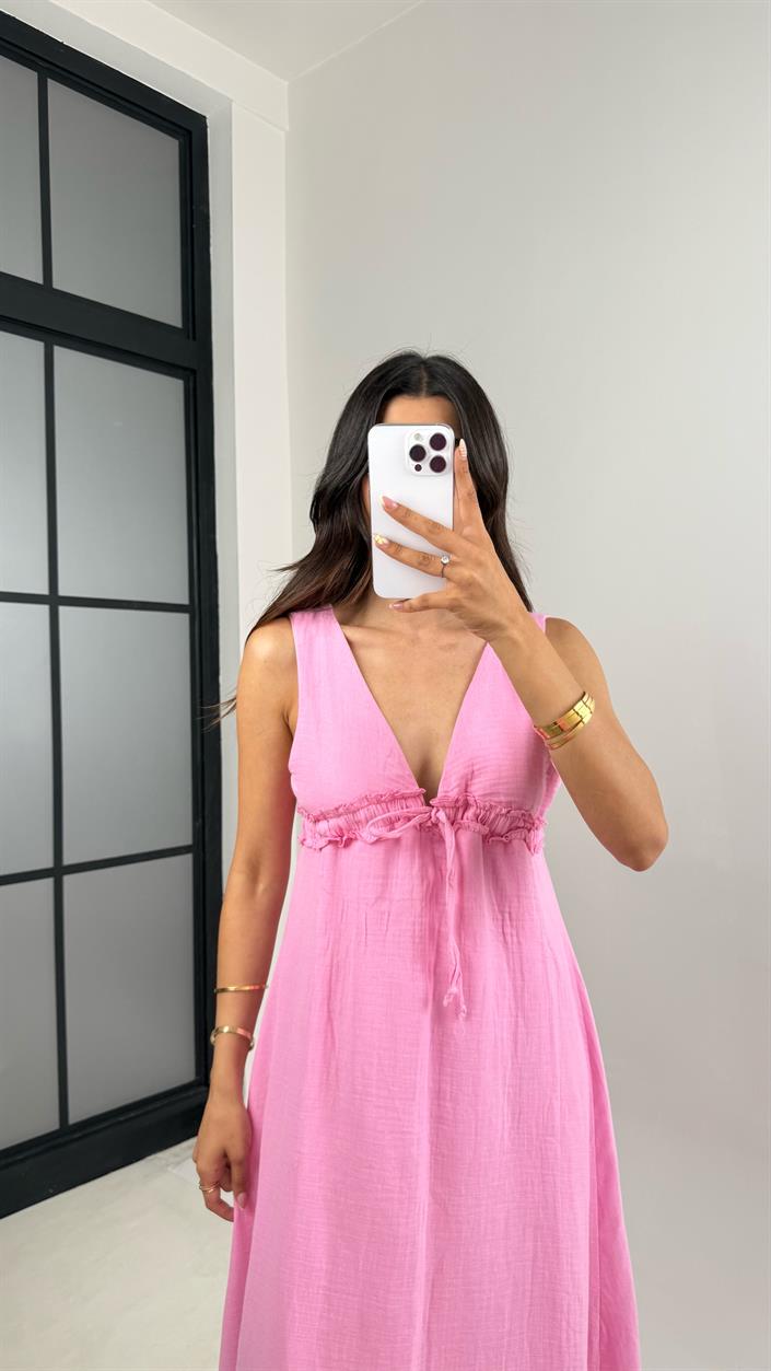 Pembe V Yaka Ayarlanabilir Lastikli Astarlı Müslin Elbise Gaus00680 