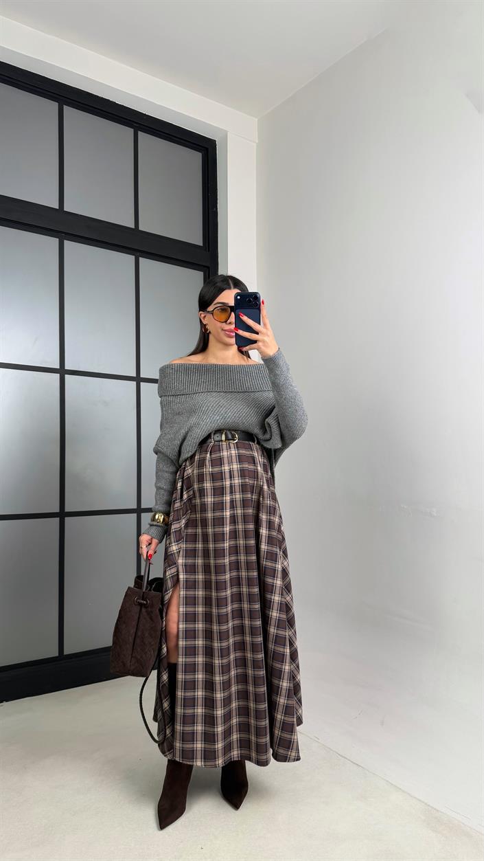 Bej Kahve Yırtmaçlı Kemerli Ekose Desenli Etek GAUS-01065