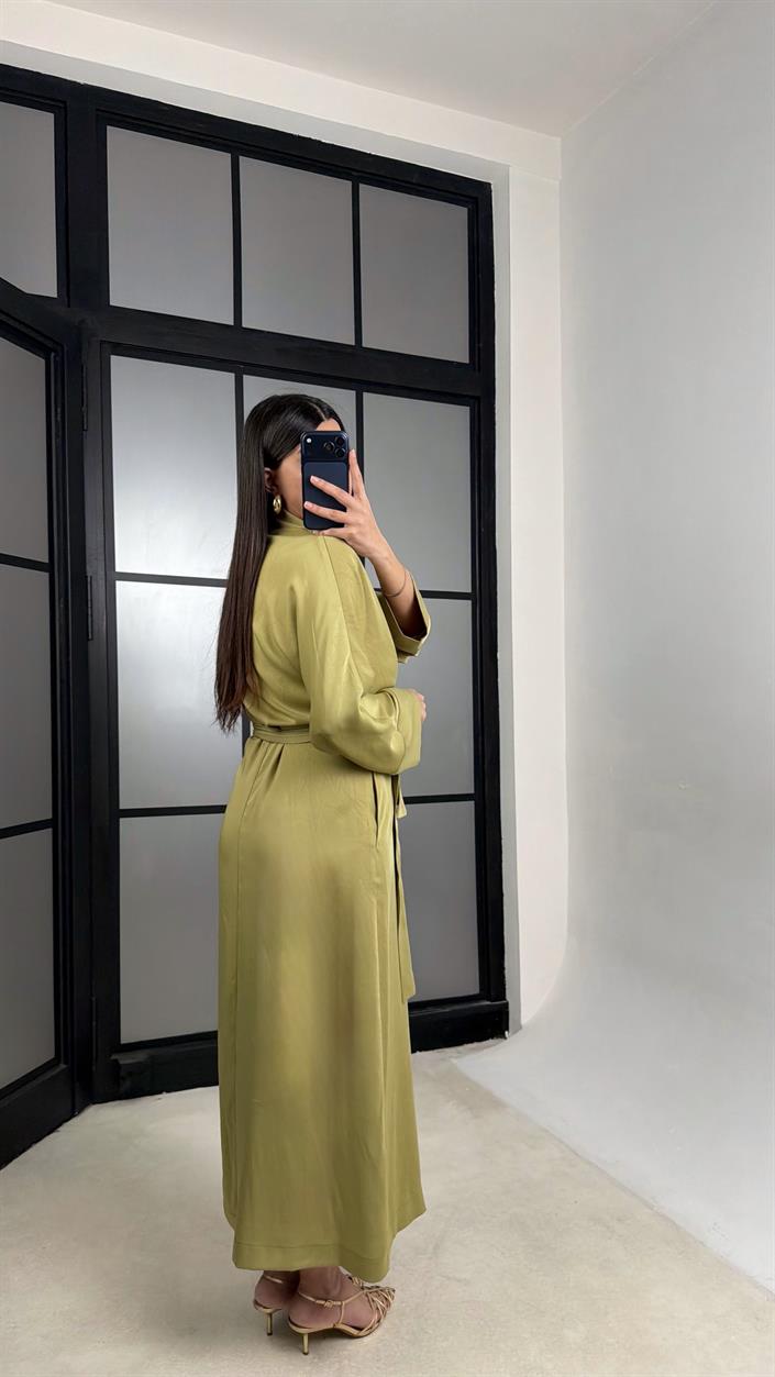 Açık Yeşil Kuşaklı Yırtmaçlı Premium Saten Elbise GAUS-01240