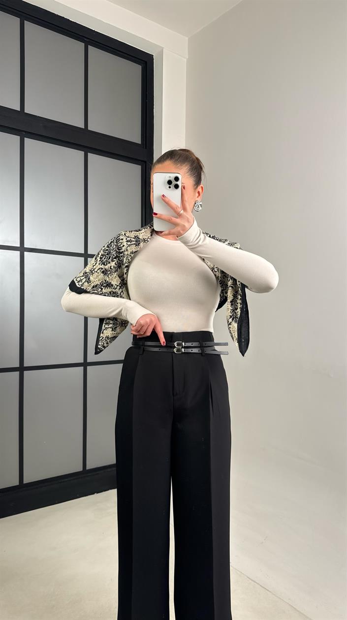 Siyah Çift Kemerli Pileli Kumaş Pantolon GAUS-00896