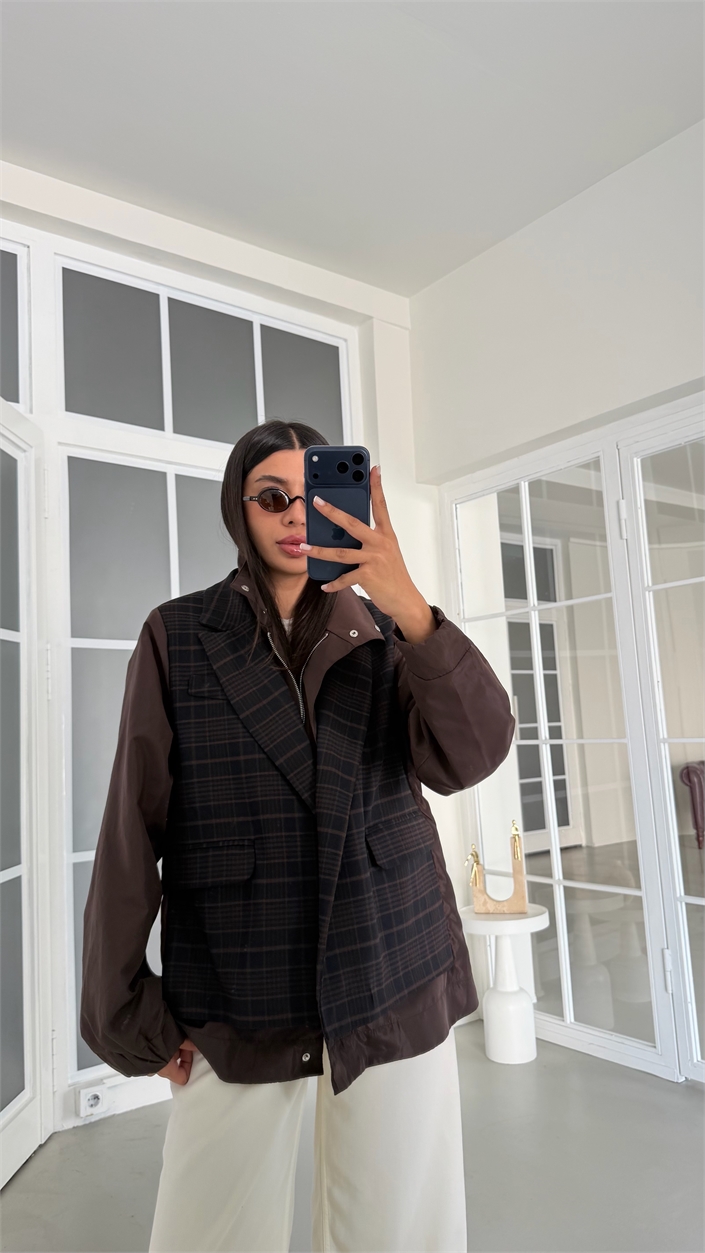 Kahve Ekose Detaylı Vatkalı Astarlı Ceket GAUS-02050