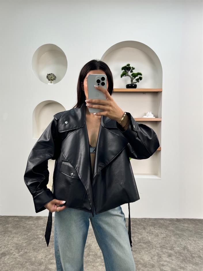 Wos Siyah Astarsız Kemerli Oversize Muadil Deri Ceket