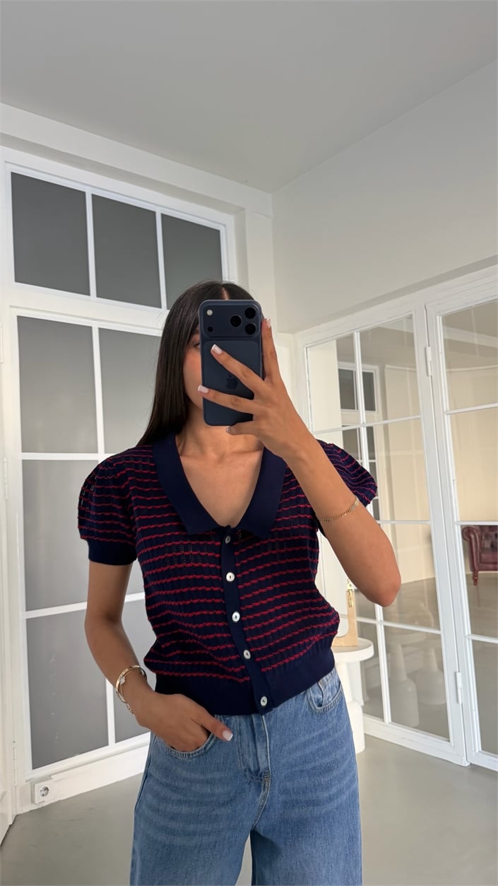 Lacivert Polo Yaka Çizgili Triko Hırka GAUS-02020