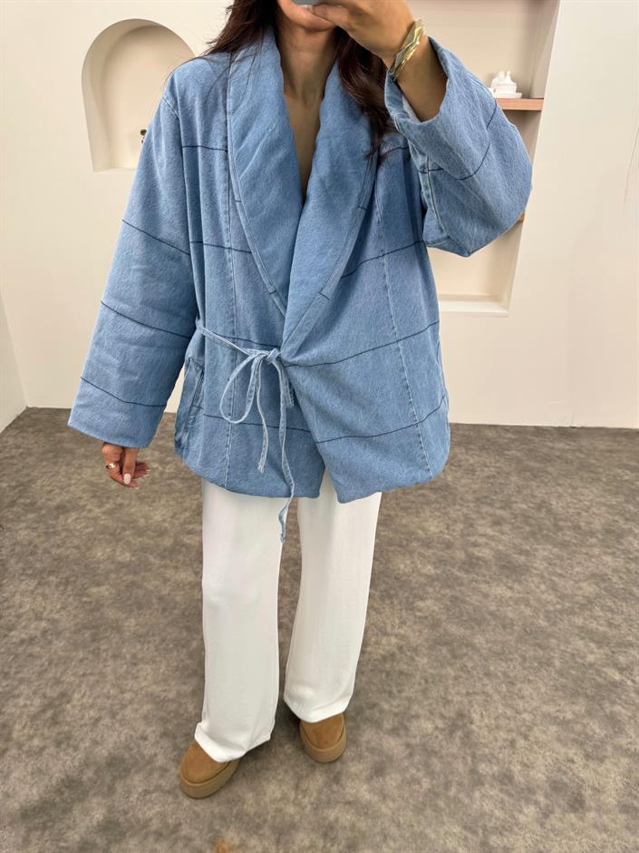 Rozi Mavi Astarlı Yandan Bağlamalı Denim Mont