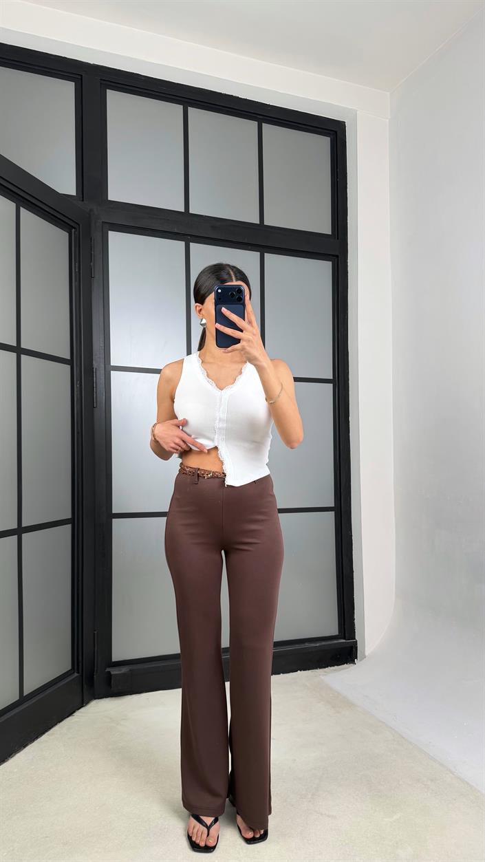 Kahve Örgü Kemerli Pantolon GAUS-01361