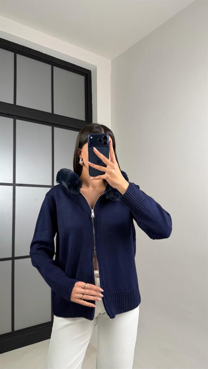 Lacivert Kürk Detaylı Kapüşonlu Triko Hırka GAUS-00883