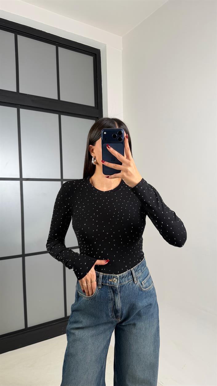 Siyah Taş Detaylı Likralı Bluz GAUS-00688