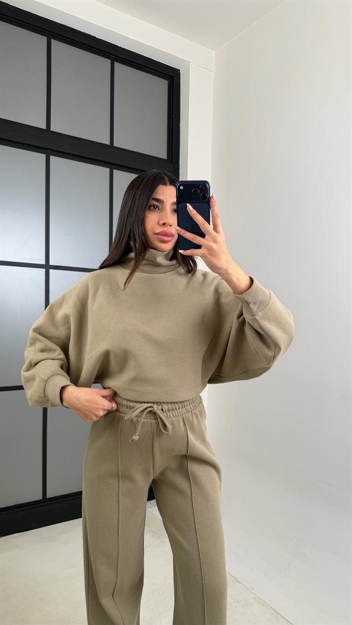 Yeşil Balıkçı Yaka Kazak Beli Lastikli Pantolon Premium Takım GAUS-00898