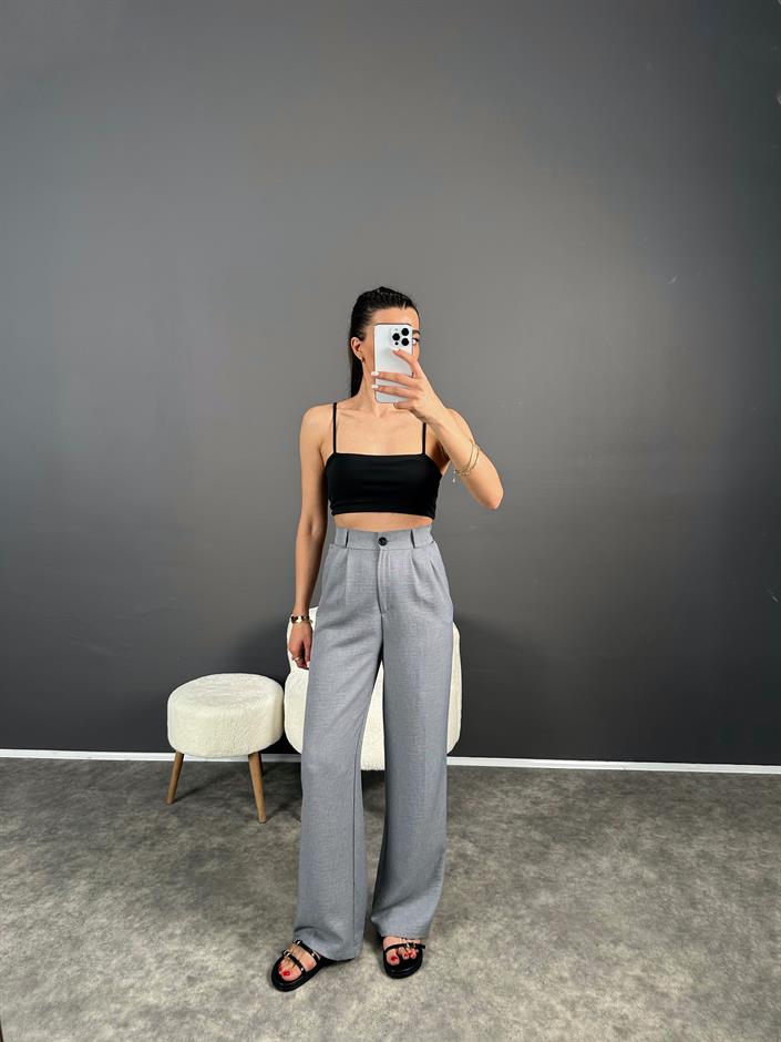 Vive Gri Keten Arkası Lastikli Pantolon