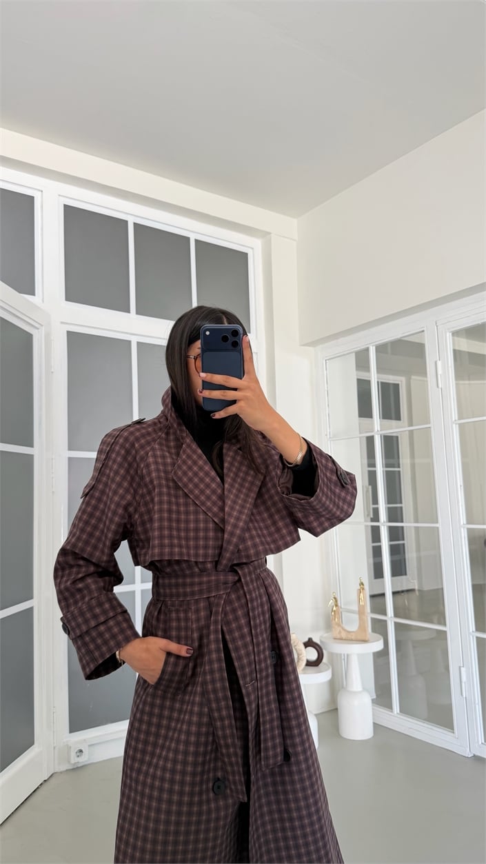 Kahve Ekoseli Apoletli Astarlı Premium Trençkot GAUS-01922