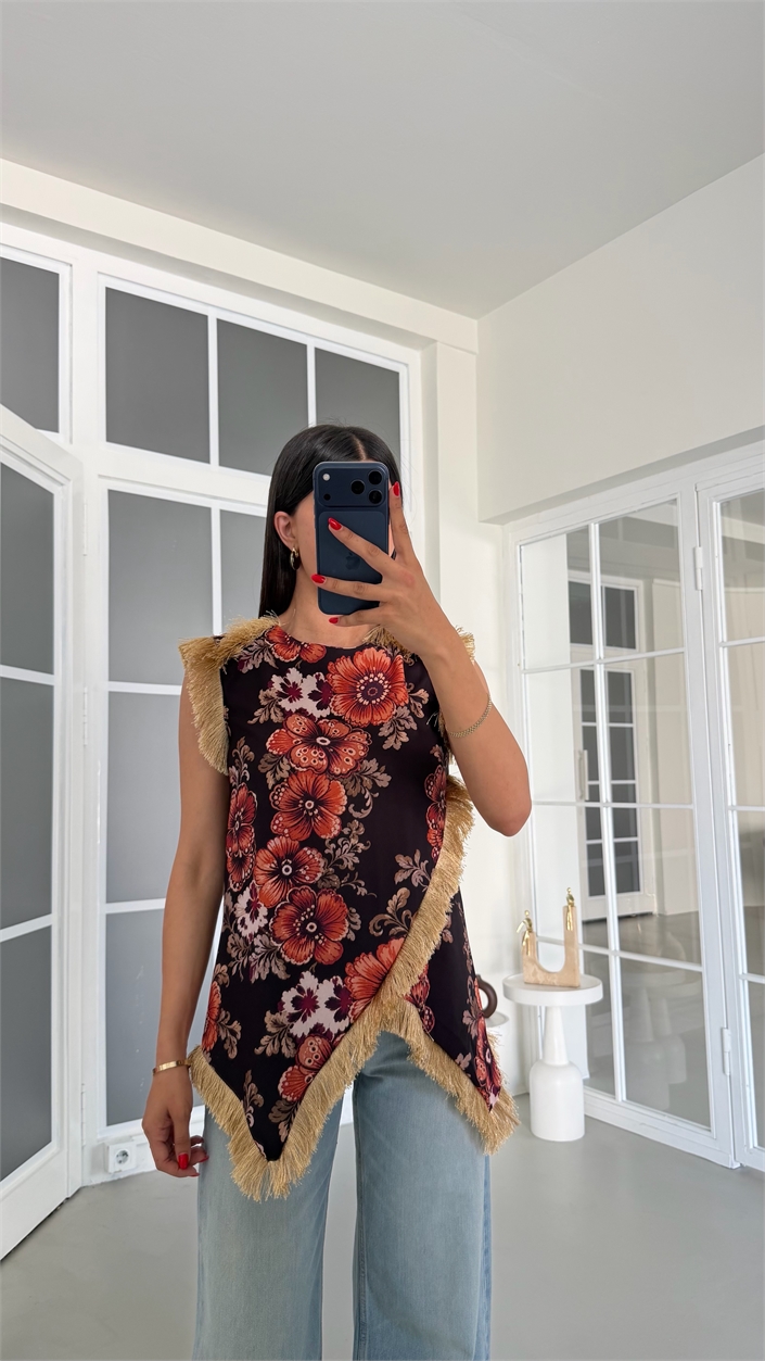 Çok Renkli Çiçek Desenli Püsküllü Tasarım Bluz GAUS-01866