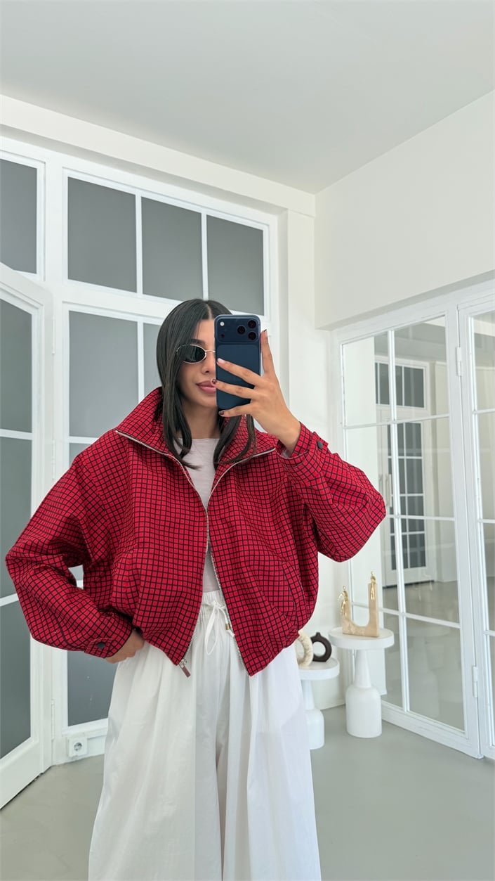 Kırmızı ZR Model Ekoseli Boomer Ceket GAUS-01973