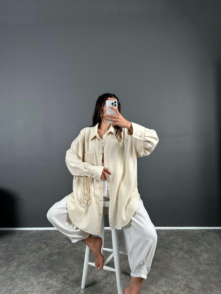 Taş Püsküllü Premium Oversize Keten Gömlek