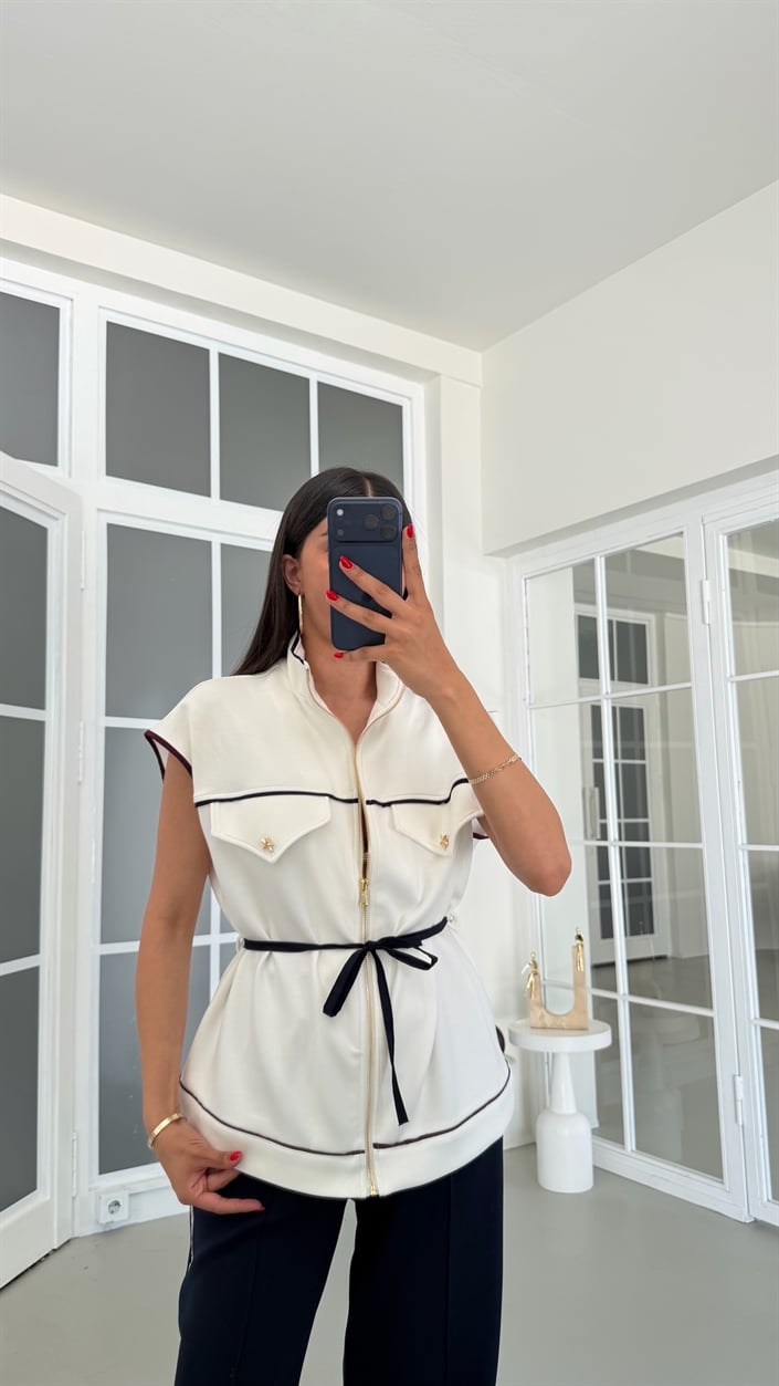 Ekru Kuşaklı Yelek Beli Lastikli Eşofman İkili Modal Takım GAUS-01827