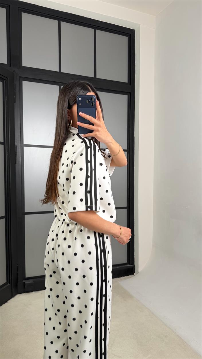 Beyaz Ceket Beli Lastikli Pantolon Puantiye Desenli Tasarım Takım GAUS-01432