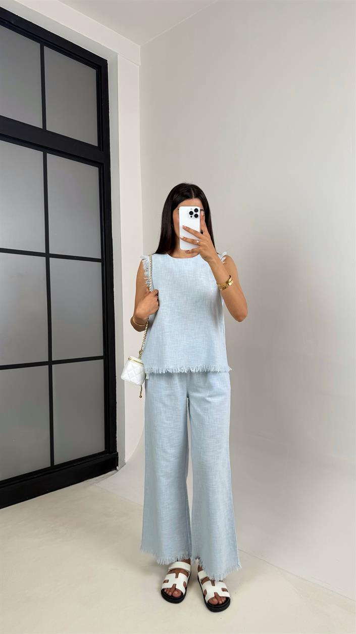 Açık Mavi Püskül Detaylı Bluz Beli Lastikli Cepli Pantolon Keten Takım Gaus00646 