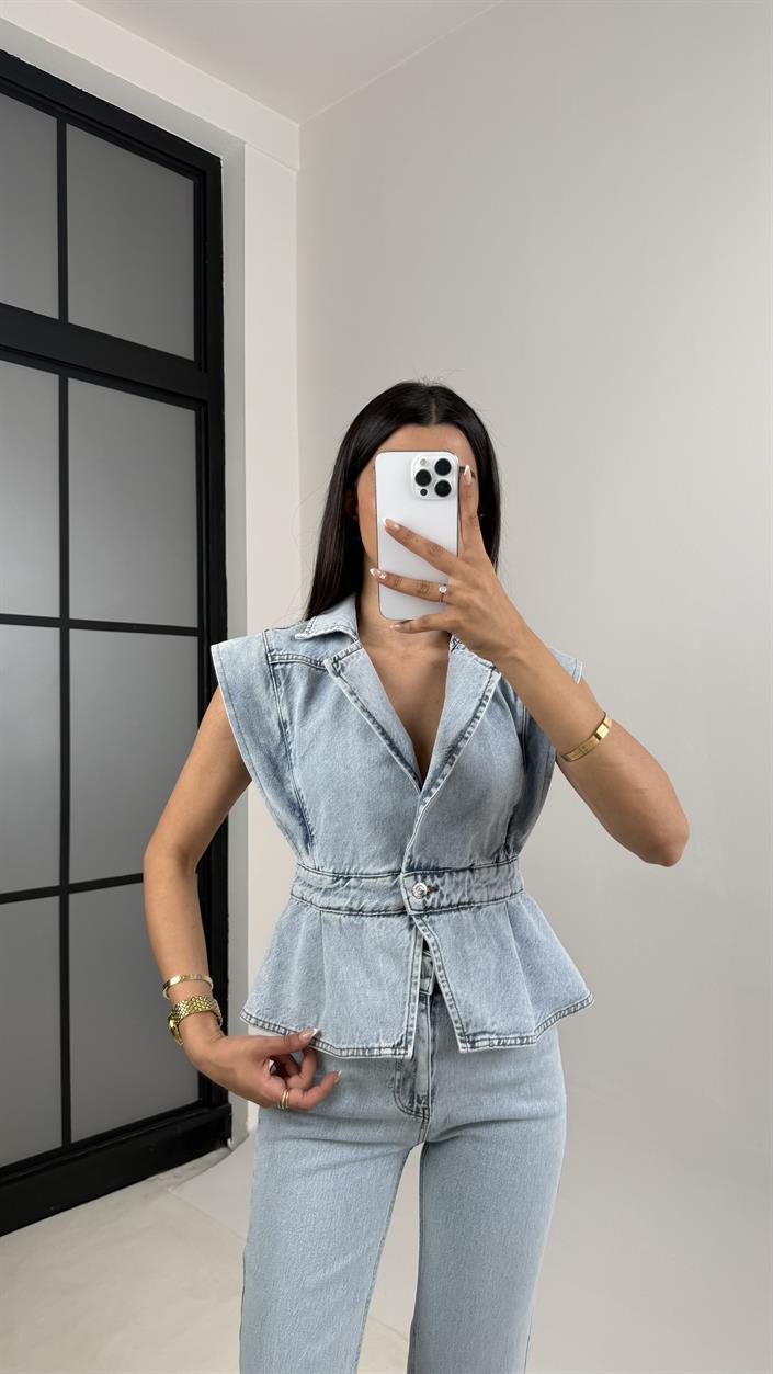 Mavi Düğmeli Denim Tasarım Yelek Gaus00602