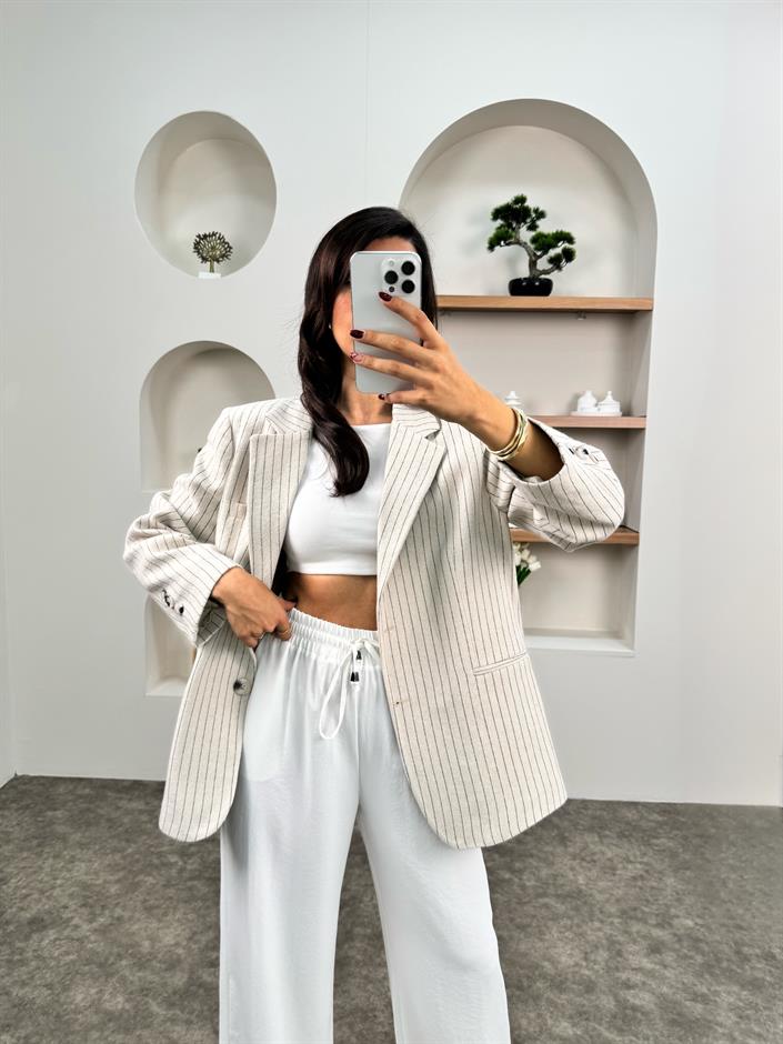 Melins Ekru Çizgili Astarlı Sakallı Blazer Ceket