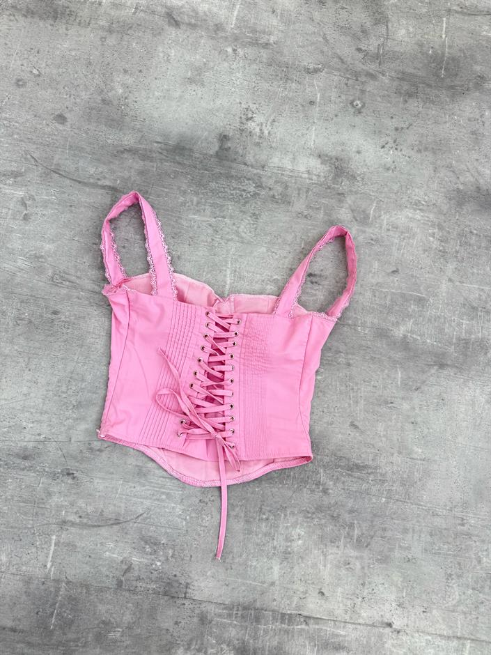 Pembe Askılı Arkası Lastikli Dantelli Bustiyer Crop Gaus00286