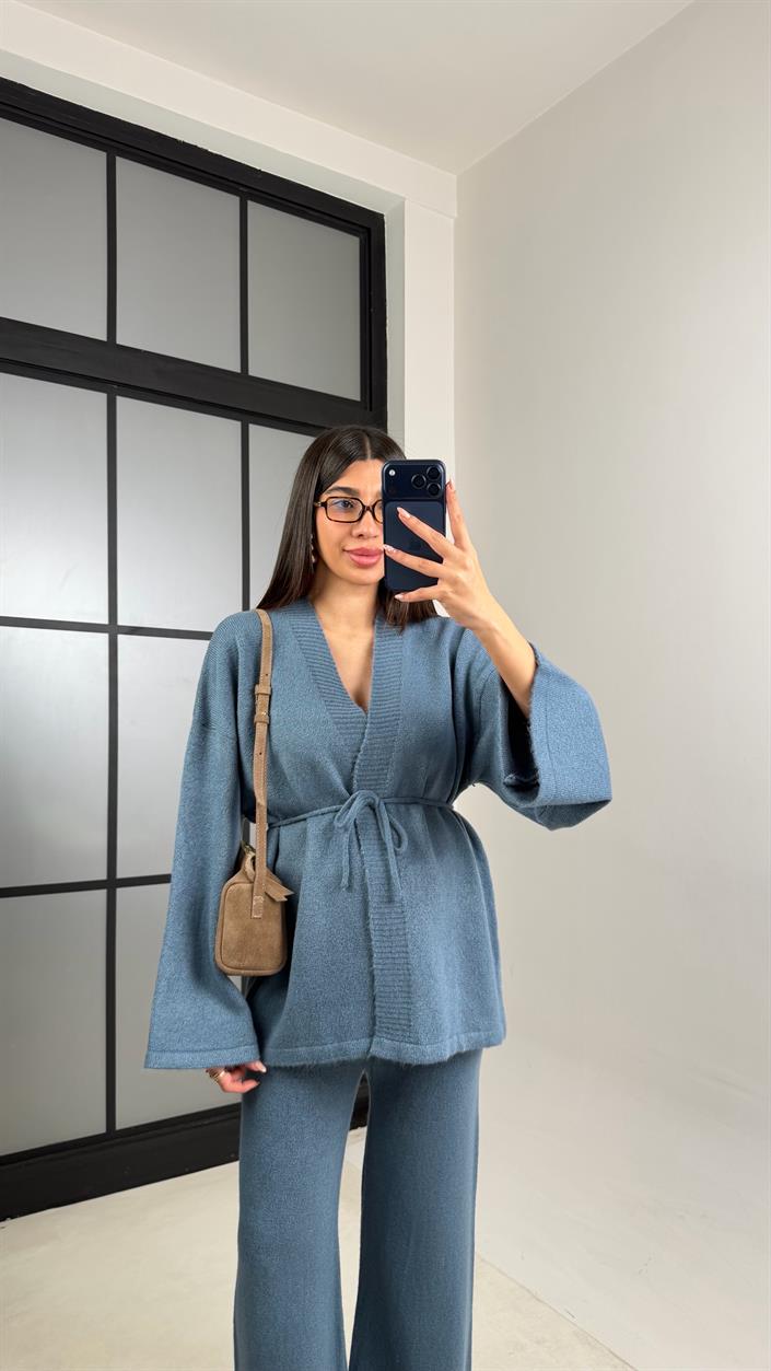 Mavi Kuşaklı Hırka Beli Lastikli Pantolon Triko Takım GAUS-00848