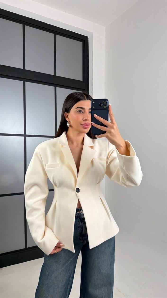 Krem Astarlı Belden Oturtmalı Premium Kaşe Ceket GAUS-00773