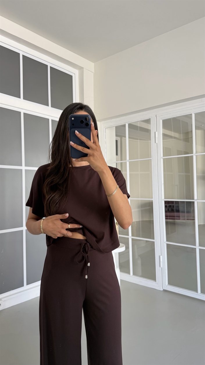 Kahve Bluz Beli Lastikli Pantolon İkili Basic Takım GAUS-01712