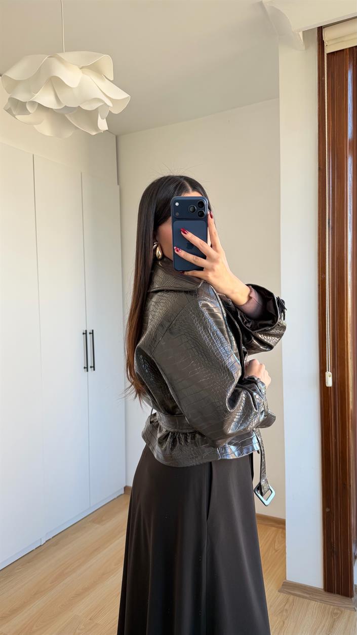 Kahve Yılan Derisi Desenli Kuşaklı Astarlı Deri Ceket GAUS-00619