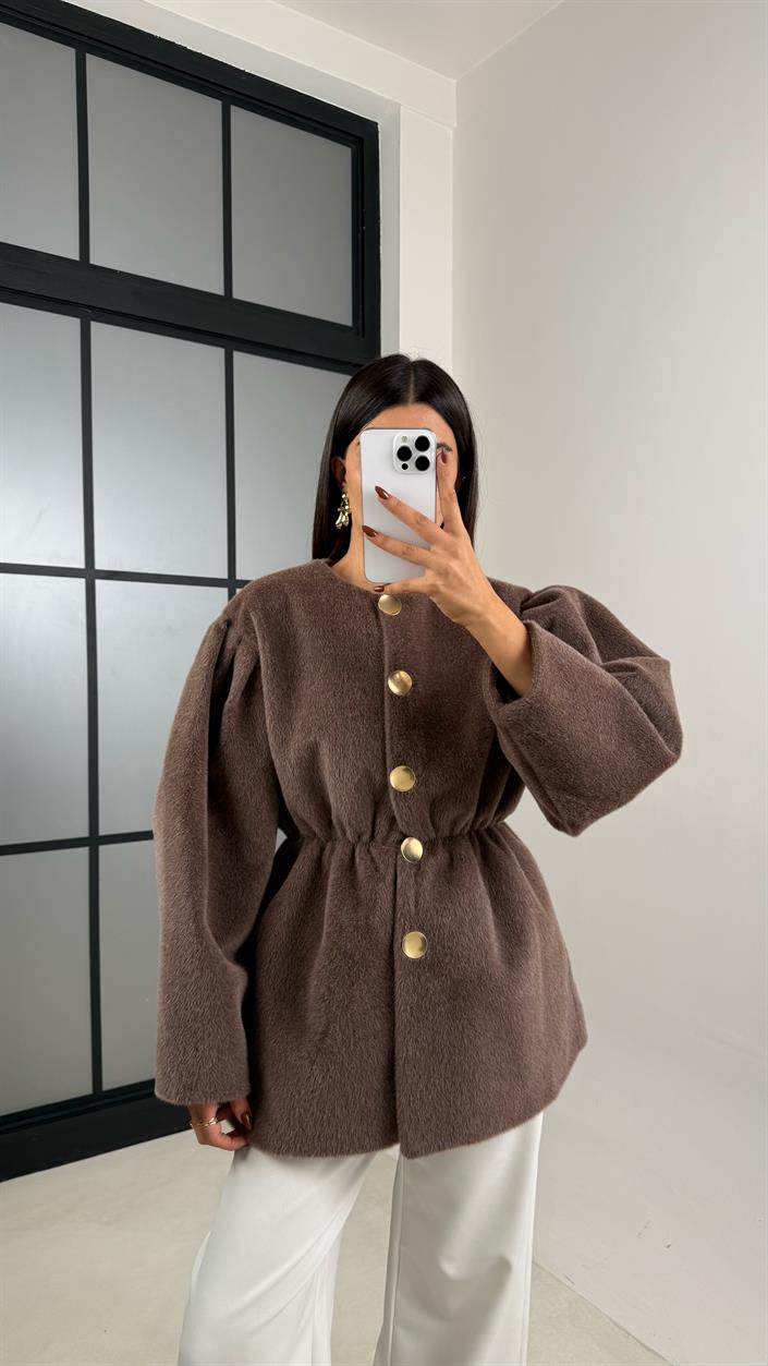 Kahve Beli Lastikli Düğmeli Kürk Ceket GAUS-00182