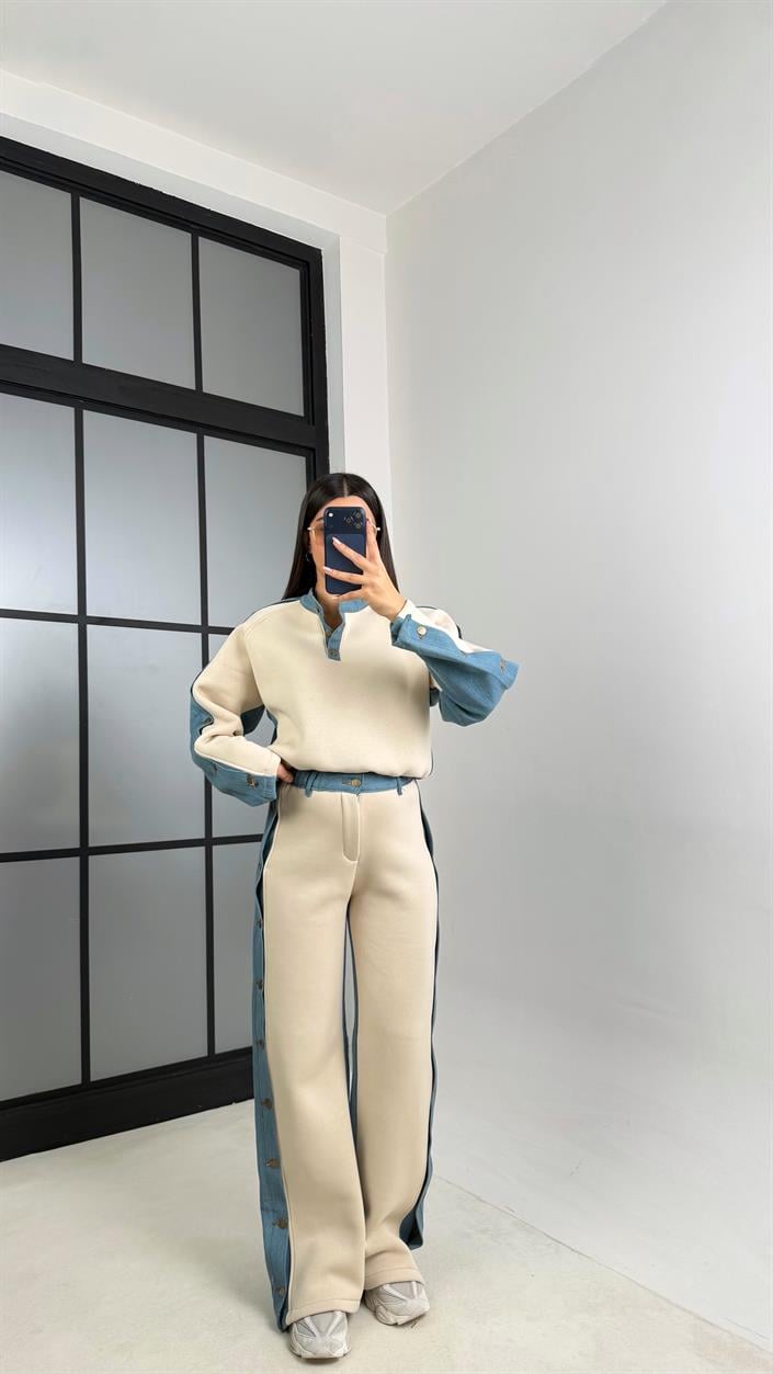 Taş Denim Detaylı Şardonlu Sweatshirt Eşofman Takım GAUS-00839
