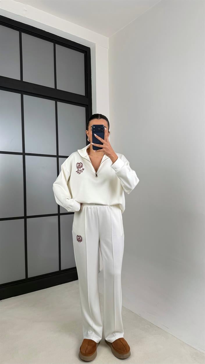 Beyaz Fermuarlı Baskılı Sweatshirt Beli Lastikli Eşofman İkili Takım GAUS-00597