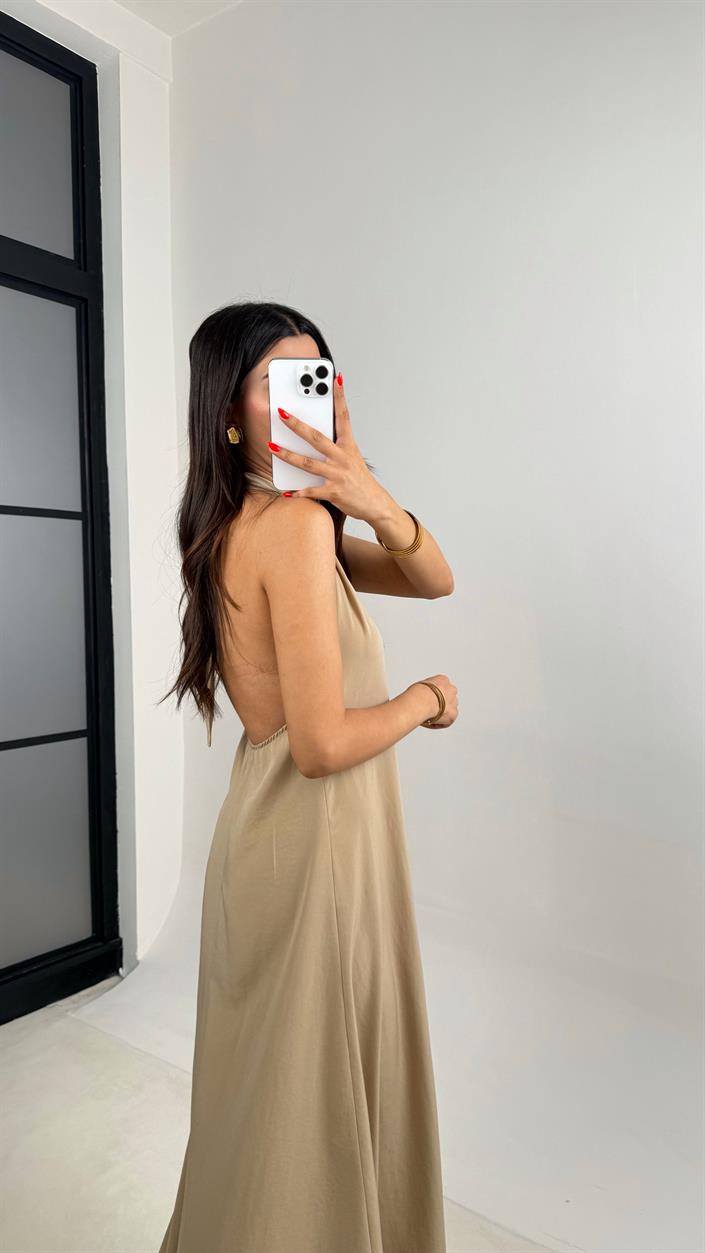 Taş Boyundan Bağlamalı V Yaka Tencel Elbise GAUS-0014
