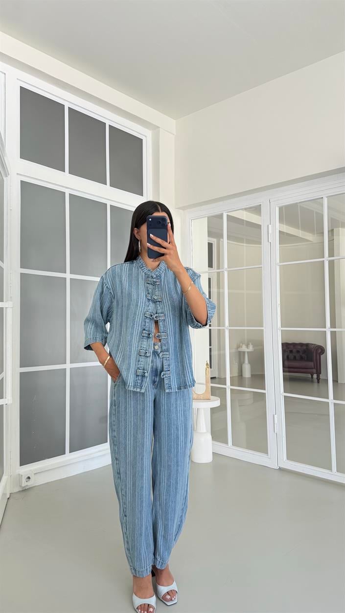 Mavi Tasarım Ceket Pantolon Çizgili Tencel Denim Takım GAUS-01687
