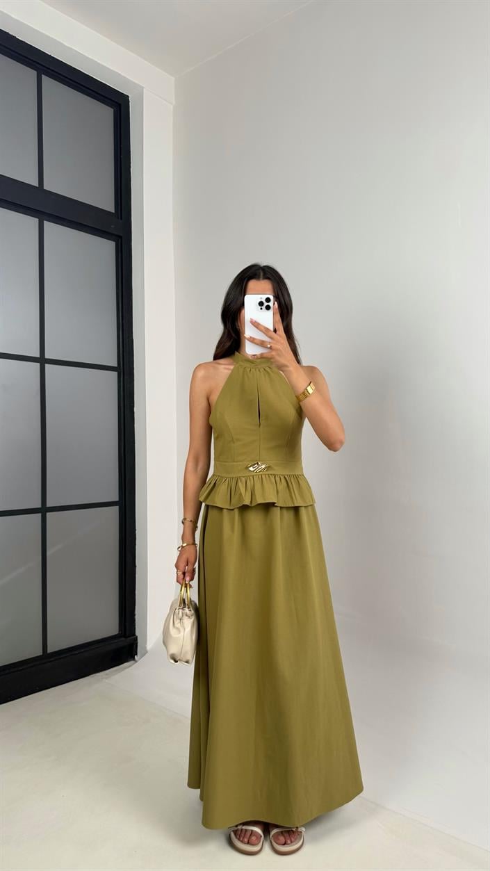 Yeşil Gold Toka Detaylı Bluz Beli Lastikli Etek İkili Takım Gaus00678