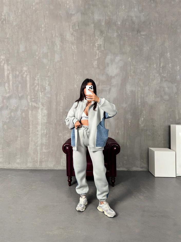 Lome Gri Denim Karışımlı Şardonlu Oversize Takım