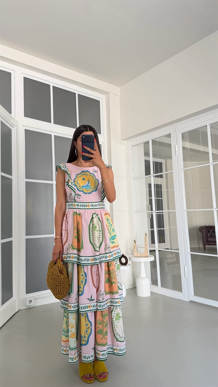 Çok Renkli Desenli Katlı Pinterest Elbise GAUS-01819