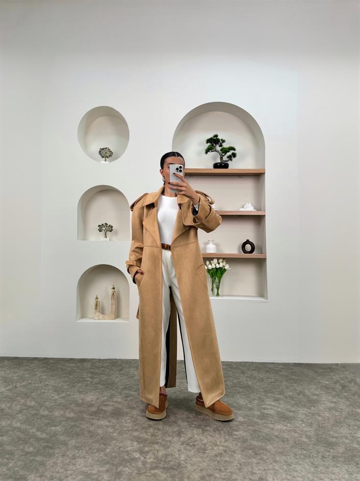 Aura Taş Kuşaklı Premium Süet Kaban